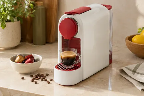 Machine à capsules compacte blanche et rouge sur un plan de travail crème, avec une tasse d’espresso à proximité