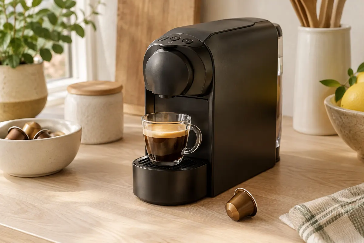 Machine à capsules Nespresso Essenza Mini noire posée près d’une tasse sur un plan de travail clair