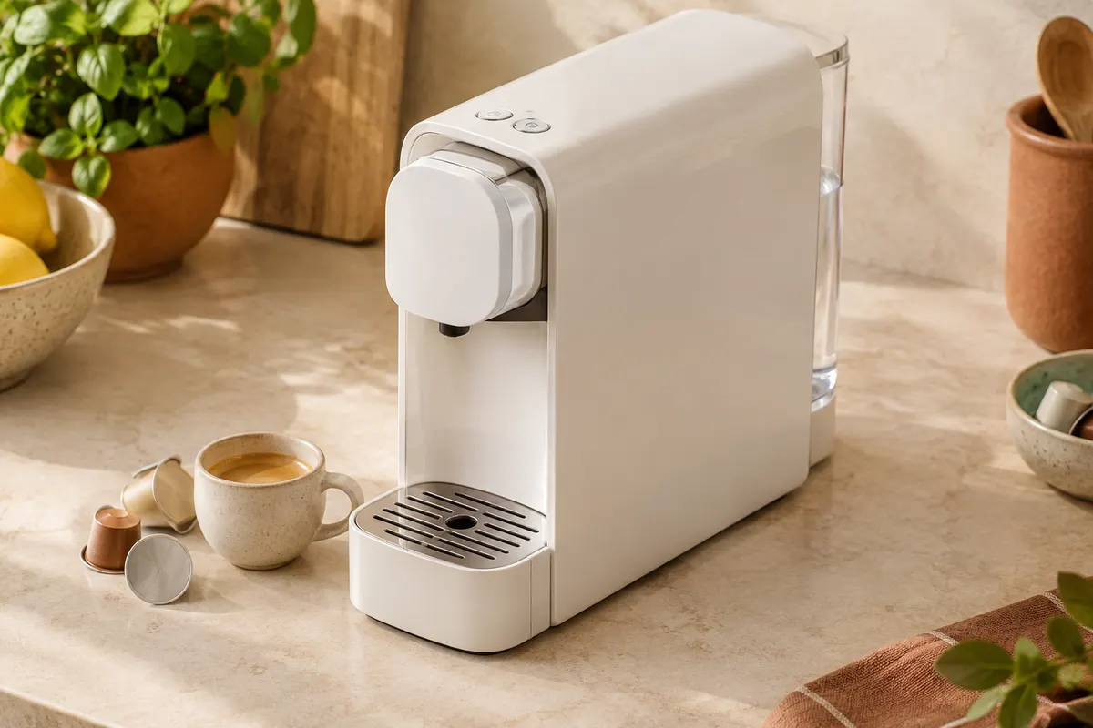 Machine à capsules Nespresso Inissia blanche posée sur un plan de travail clair avec une tasse d’espresso