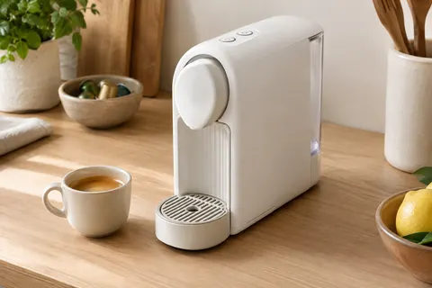 Machine expresso à capsules blanche compacte avec deux boutons, posée sur un plan de travail en bois clair.