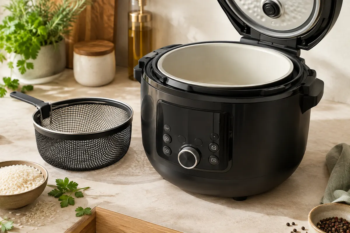 Multicuiseur programmable noir Newlux avec cuve de 6 litres et accessoire de friture sur un plan de travail