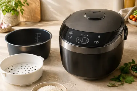 Multicuiseur noir Newlux à commandes tactiles avec cuve de 5 litres et accessoire vapeur