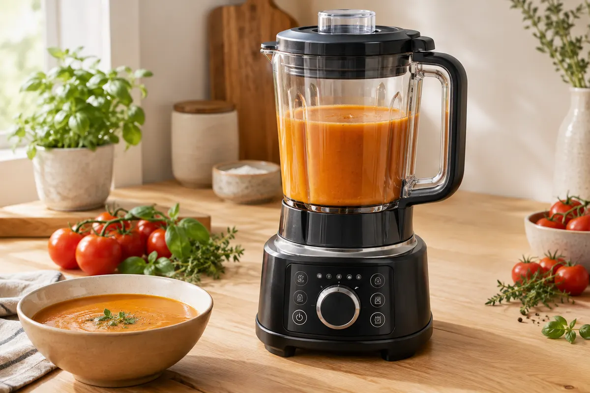Blender chauffant noir avec pichet en verre posé sur un plan de travail clair, entouré de légumes frais.