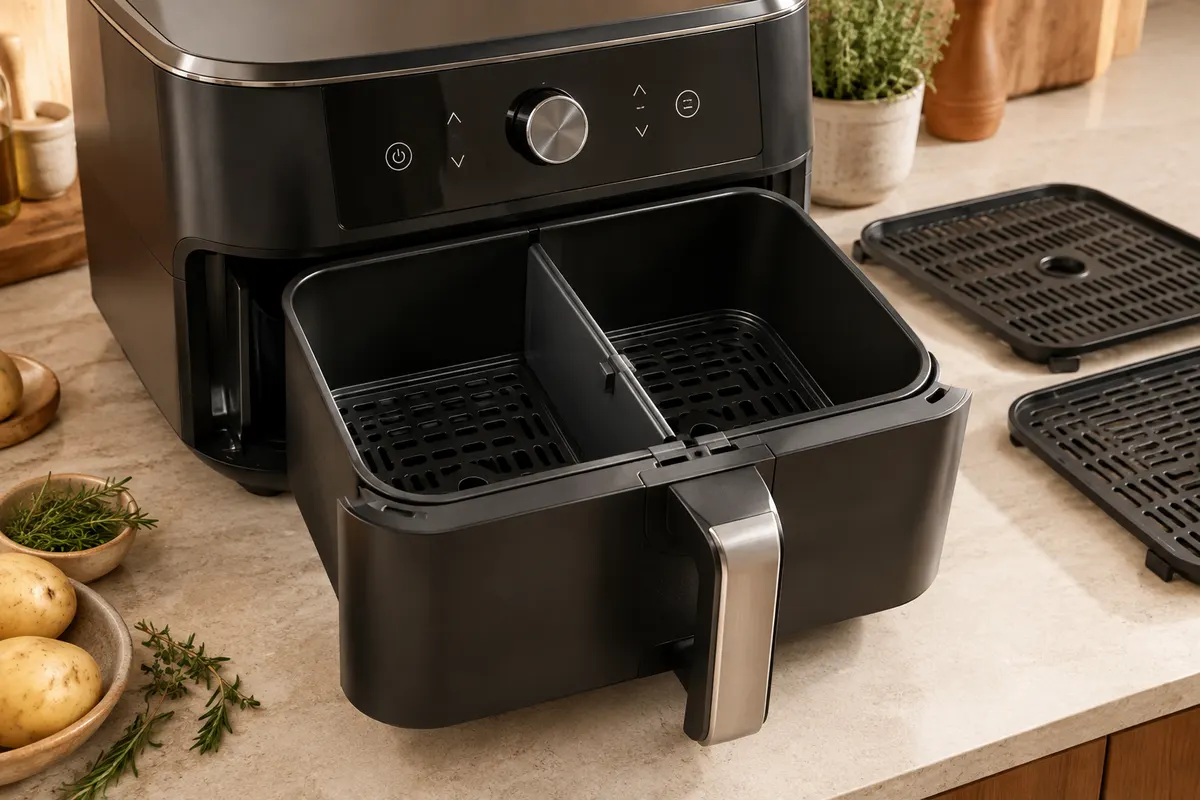 Friteuse sans huile noire Ninja Foodi FlexDrawer avec tiroir large et séparateur amovible sur un plan de travail.
