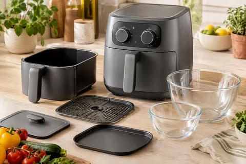 Friteuse sans huile grise avec deux bols en verre et accessoires sur un plan de travail clair.