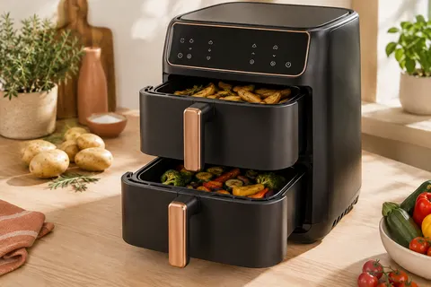 Friteuse sans huile Ninja noire et cuivre à deux tiroirs superposés sur un plan de travail clair