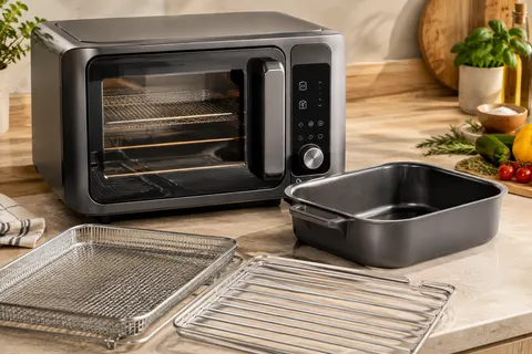 Multicuiseur combiné gris avec porte vitrée, commandes tactiles et accessoires de cuisson sur un plan de travail clair