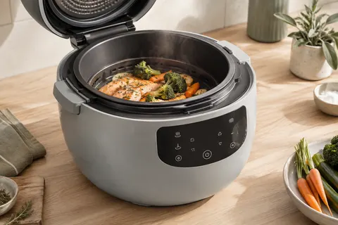 Multicuiseur Ninja gris avec sa cuve ouverte et le plateau Cook & Crisp sur un plan de travail clair