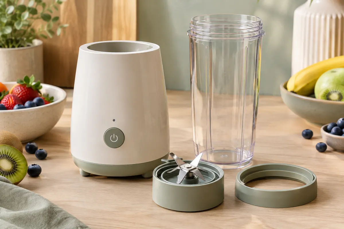 Blender personnel blanc avec gobelet de 700 ml et anneau posé sur un plan de travail clair