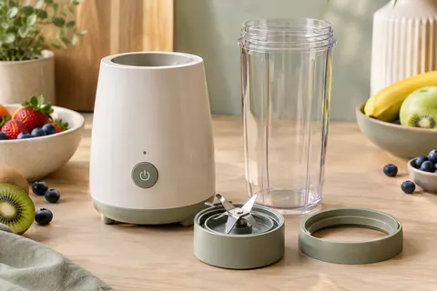 Blender personnel blanc avec gobelet de 700 ml et anneau posé sur un plan de travail clair