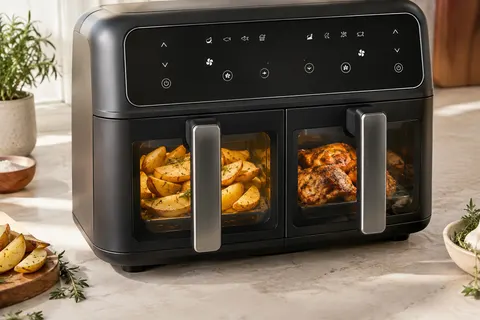 Friteuse à air noire à deux paniers avec fenêtre transparente, posée sur un plan de travail crème.