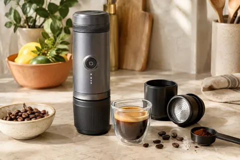 Machine expresso portable gris Space Grey posée près de sa tasse et de ses accessoires sur un plan de travail clair