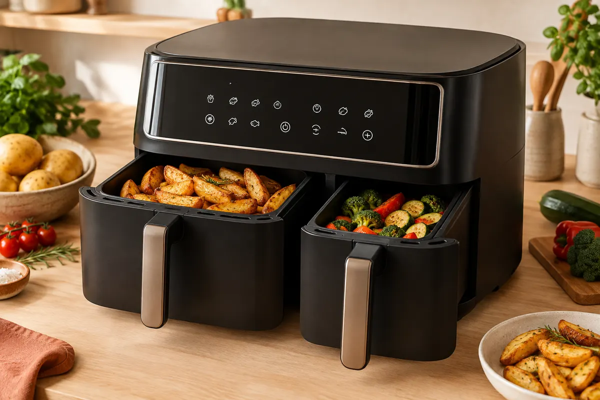 Friteuse sans huile noire à deux tiroirs sur un plan de travail en bois clair, accompagnée de légumes frais.