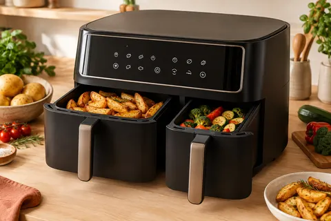 Friteuse sans huile noire à deux tiroirs sur un plan de travail en bois clair, accompagnée de légumes frais.