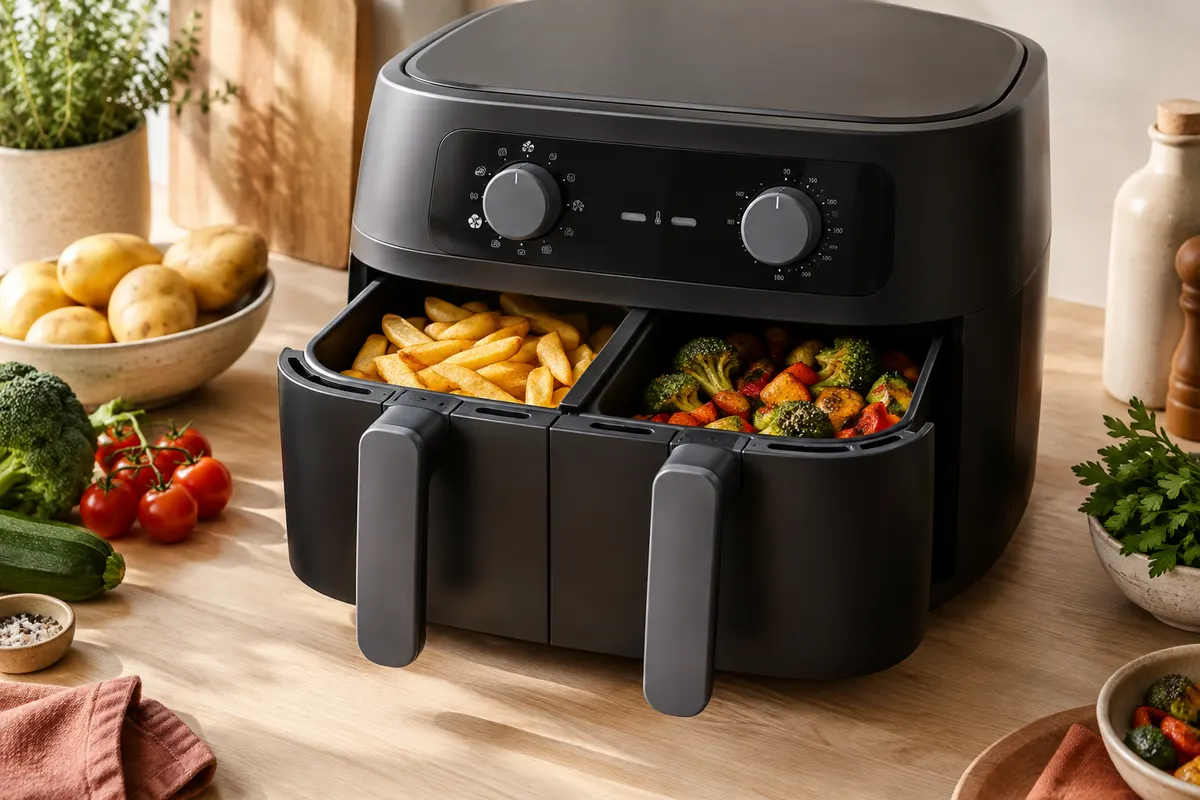 Friteuse à air noire à double compartiment avec séparateur amovible, posée sur un plan de travail clair.