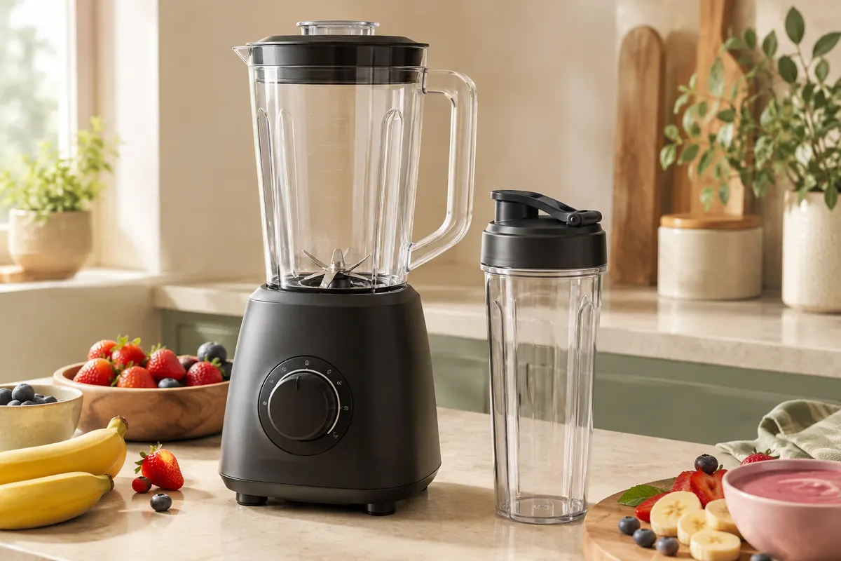 Blender Philips noir avec pichet en plastique de 1,9 L et gourde nomade sur un plan de travail clair