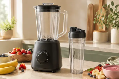 Blender Philips noir avec pichet en plastique de 1,9 L et gourde nomade sur un plan de travail clair