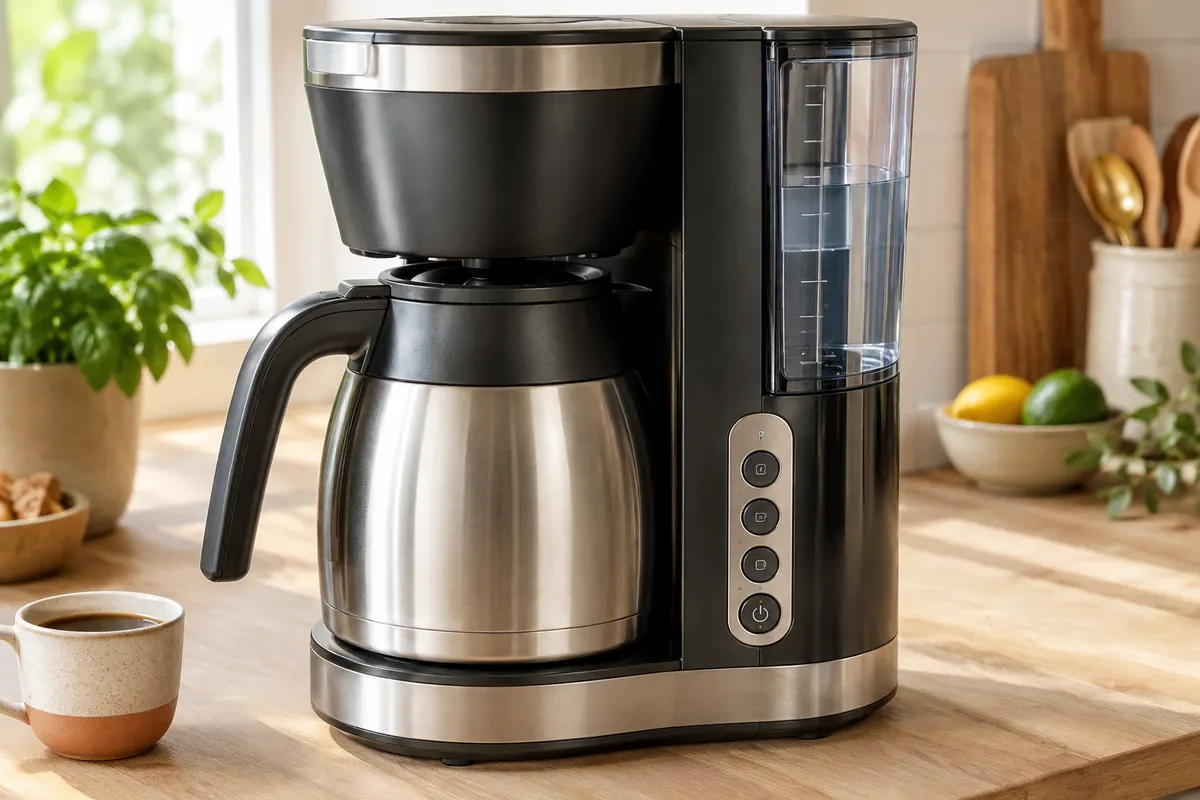 Cafetière filtre noire et métal avec verseuse isotherme en inox posée sur un plan de travail clair.