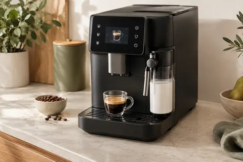 Machine expresso automatique Philips noire mate avec écran tactile et mousseur à lait sur un plan de travail