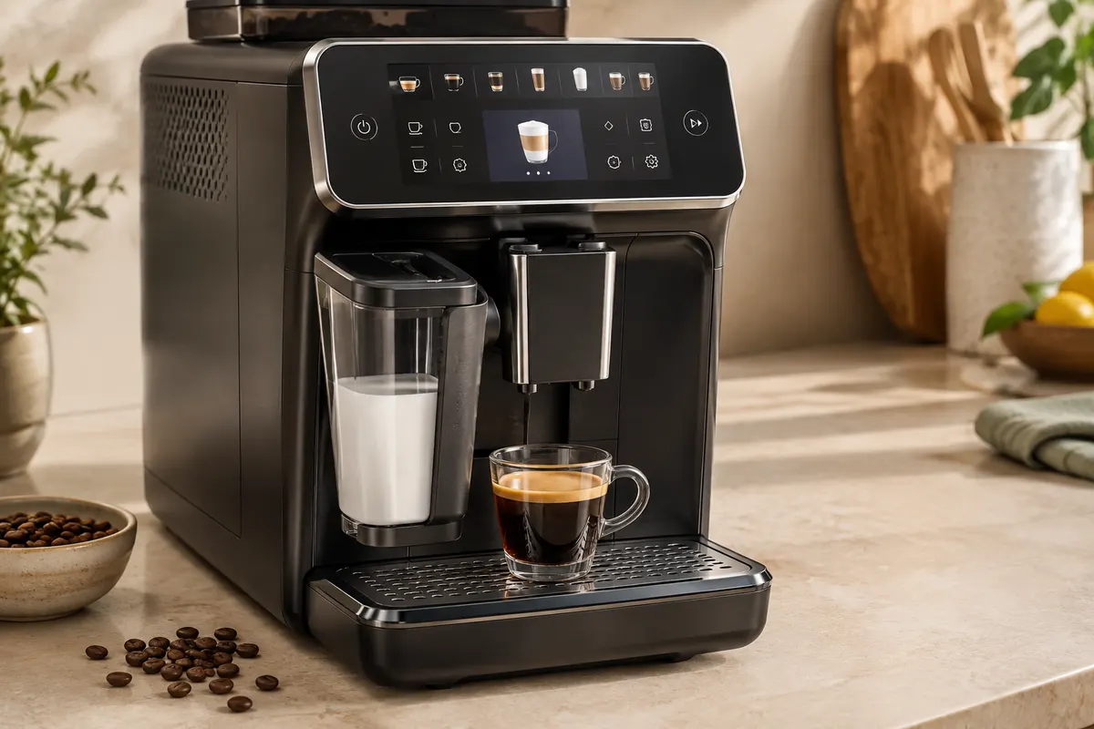 Machine à café automatique noire avec écran tactile et carafe LatteGo sur un plan de travail clair
