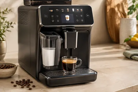 Machine à café automatique noire avec écran tactile et carafe LatteGo sur un plan de travail clair