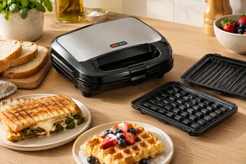 Presse à sandwich noire et argentée avec plaques amovibles, panini et gaufre sur un plan en bois clair