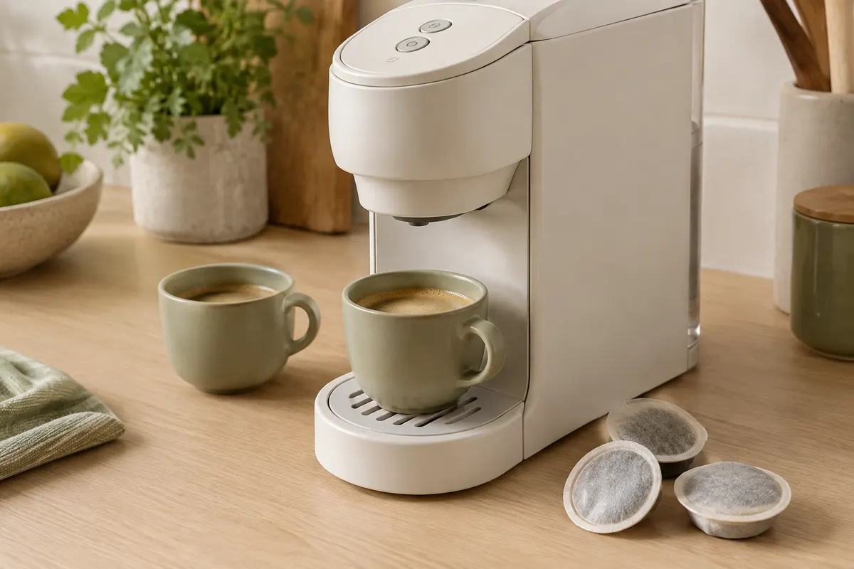 Cafetière à dosettes blanche mate avec deux tasses sur un plan de travail en bois clair