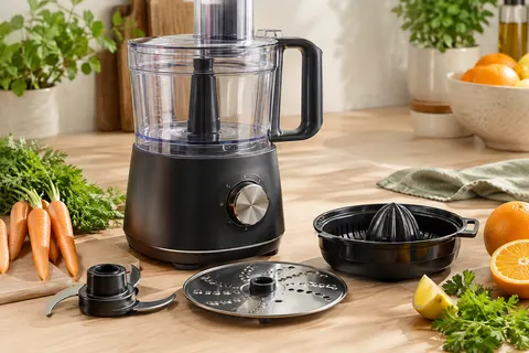 Robot multifonction noir avec bol transparent, lame, disque et presse-agrumes sur un plan de travail clair