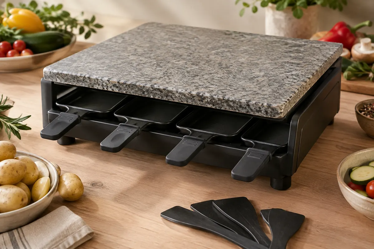 Appareil à raclette noir avec pierre naturelle carrée, quatre poêlons et spatules sur un plan de travail clair