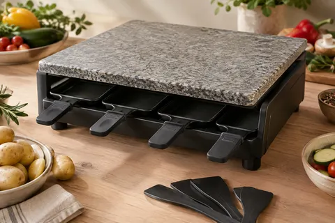 Appareil à raclette noir avec pierre naturelle carrée, quatre poêlons et spatules sur un plan de travail clair