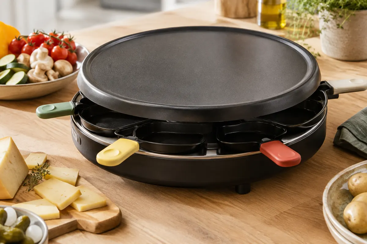 Appareil à raclette rond noir avec plaque de cuisson et six coupelles à poignées colorées sur une table