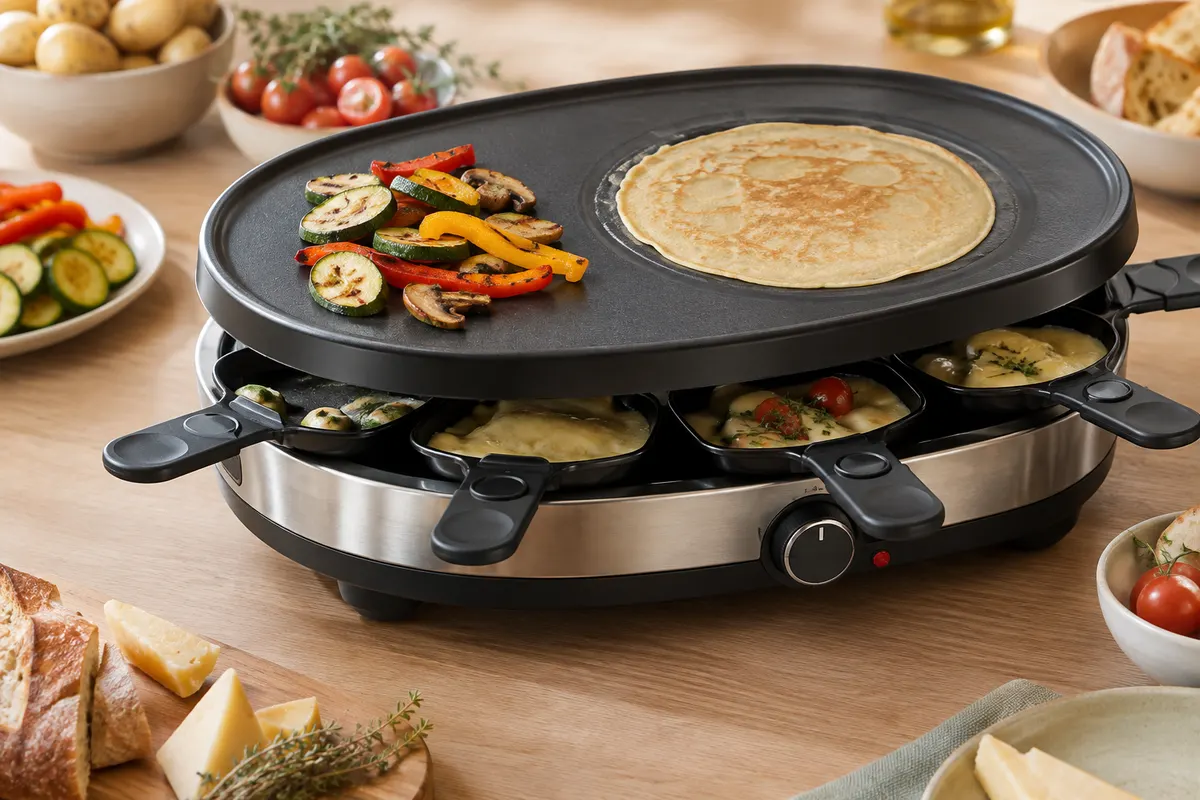 Appareil à raclette ovale noir et inox avec plaque de grill, zone à crêpes et poêlons.