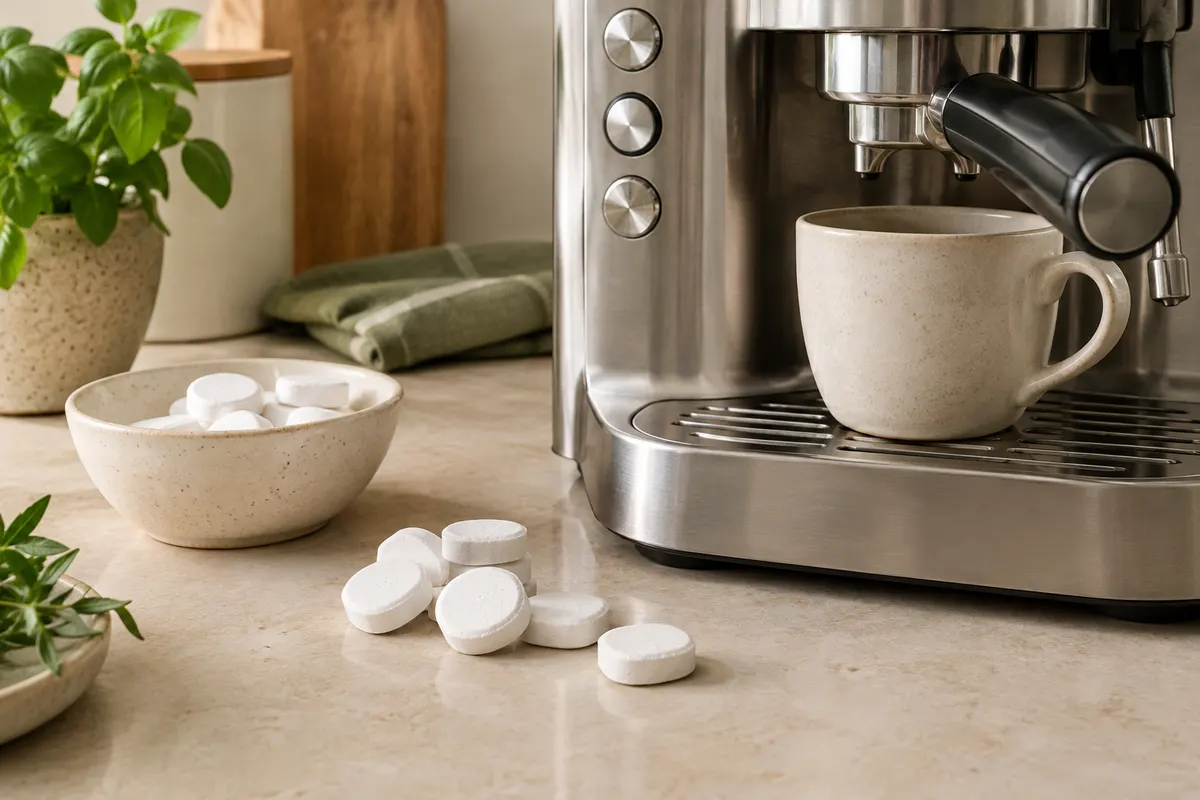 Pastilles nettoyantes Purivita pour machine à café disposées près d’une machine expresso en inox