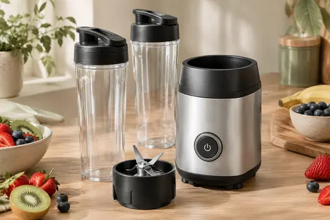 Blender compact argent et noir avec deux bouteilles transparentes et lames en inox sur un plan de travail clair