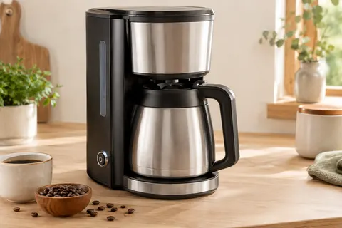 Cafetière filtre noire et argent avec verseuse isotherme en inox posée sur un plan de travail en bois clair.
