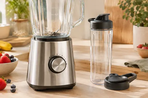 Blender en acier brossé avec bol en verre de 1,5 L et gourde nomade de 600 ml