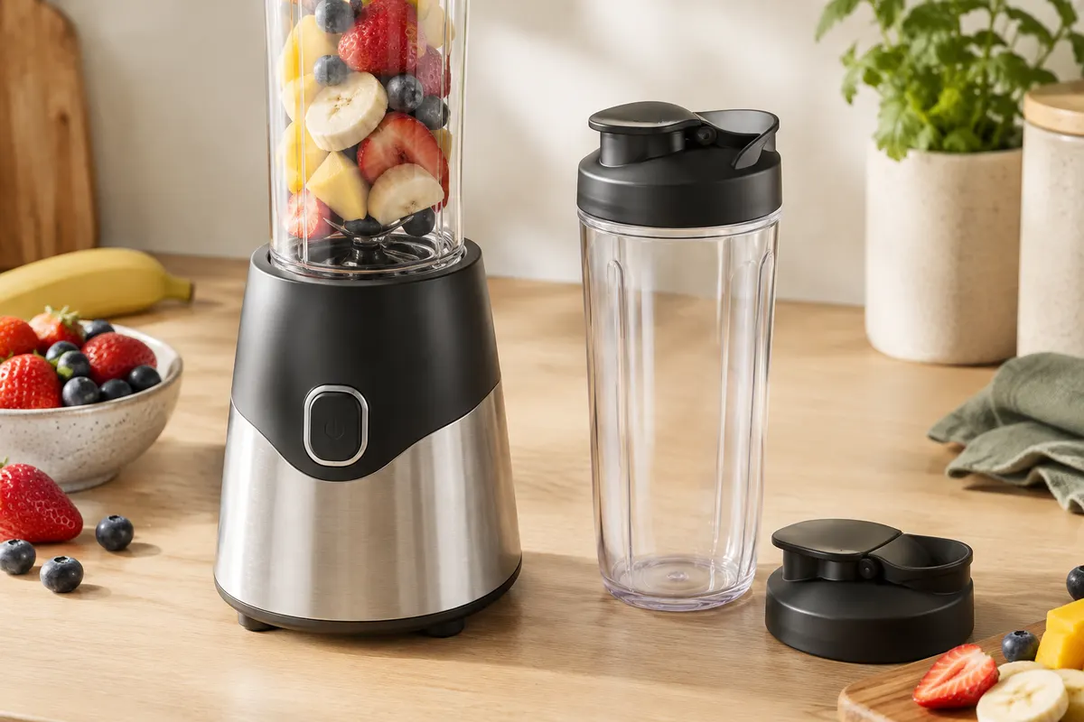 Blender individuel noir et argenté avec deux gourdes transparentes et des fruits rouges sur un plan de travail clair
