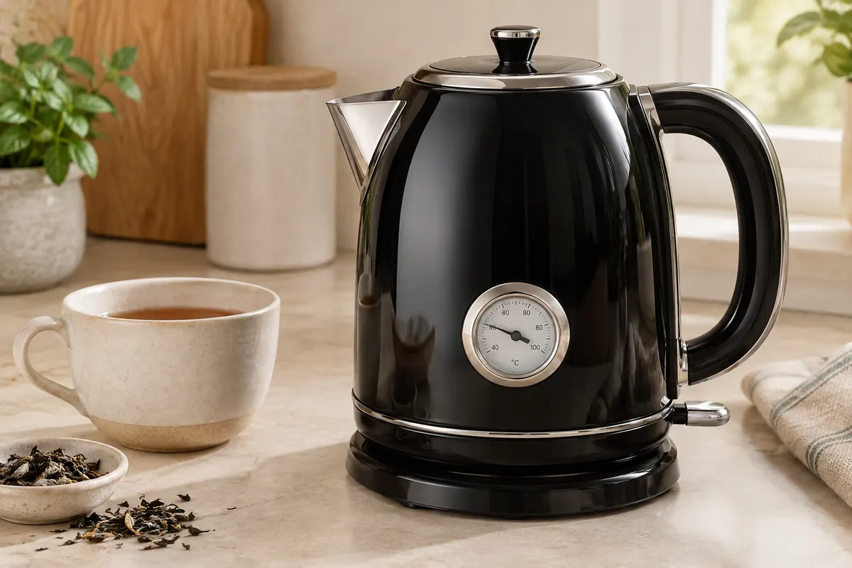 Bouilloire électrique rétro noire Russell Hobbs avec jauge de température sur un plan de travail en bois clair