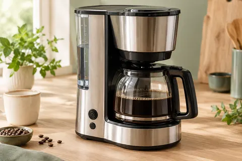 Cafetière filtre compacte en inox brossé avec verseuse en verre et porte-filtre amovible sur un plan de travail