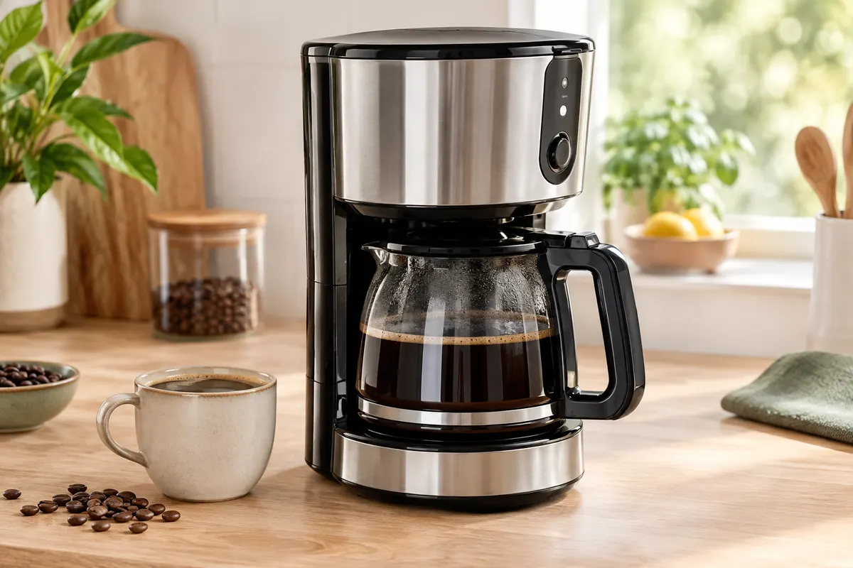 Cafetière filtre en acier brillant avec commandes noires et verseuse en verre posée sur un plan de travail.