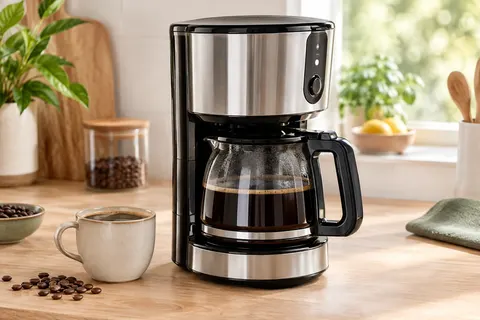 Cafetière filtre en acier brillant avec commandes noires et verseuse en verre posée sur un plan de travail.