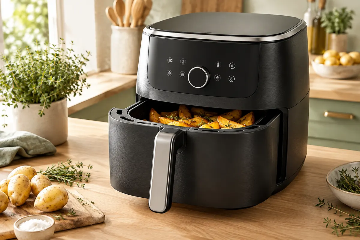 Friteuse sans huile noire et argentée à écran tactile, posée sur un plan de travail clair