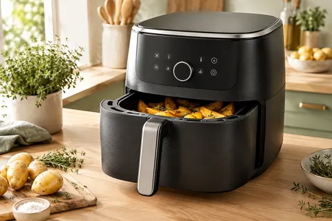 Friteuse sans huile noire et argentée à écran tactile, posée sur un plan de travail clair