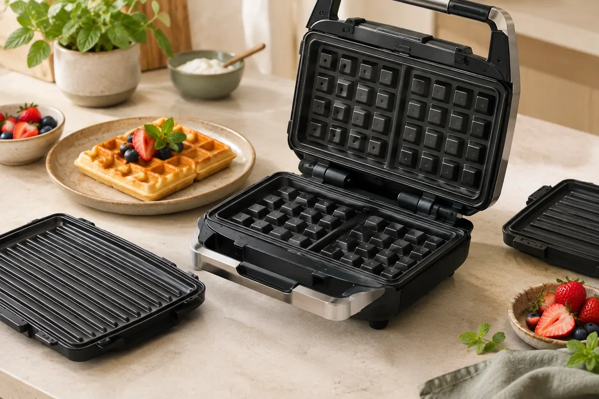 Appareil Russell Hobbs noir et inox ouvert, avec ses plaques interchangeables et une gaufre sur un plan de travail clair.