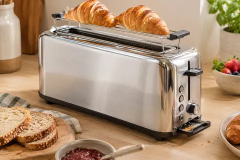 Grille-pain Russell Hobbs en inox poli à fente longue, avec son réchauffe-viennoiseries.