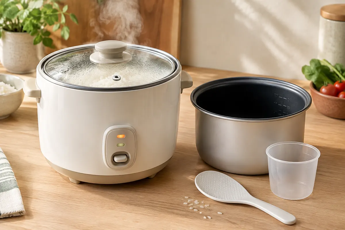 Mini cuiseur à riz blanc avec couvercle en verre, bol amovible et accessoires sur un plan de travail clair