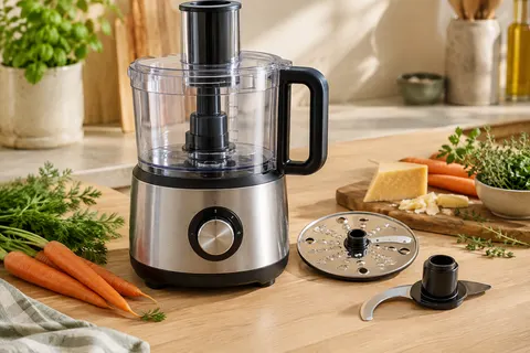 Robot multifonction gris en inox brossé avec bol plastique, lame et disque de râpe posés sur un plan de travail clair.