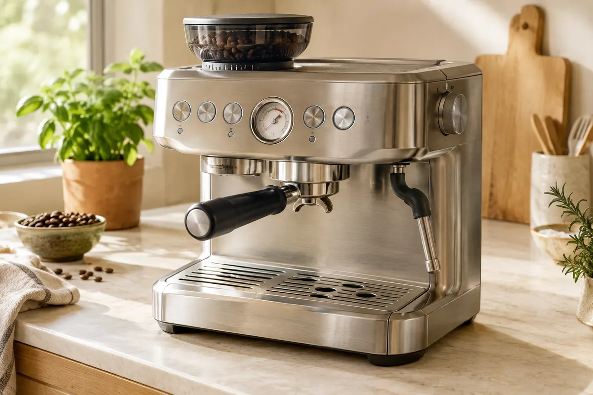 Machine expresso Sage en acier inoxydable brossé avec broyeur intégré et porte-filtre sur un plan de travail clair.