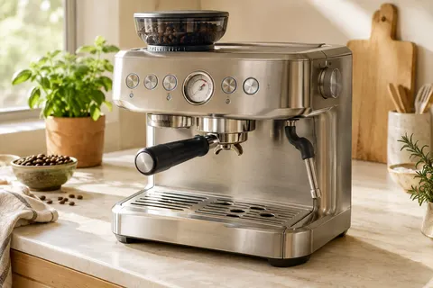 Machine expresso Sage en acier inoxydable brossé avec broyeur intégré et porte-filtre sur un plan de travail clair.