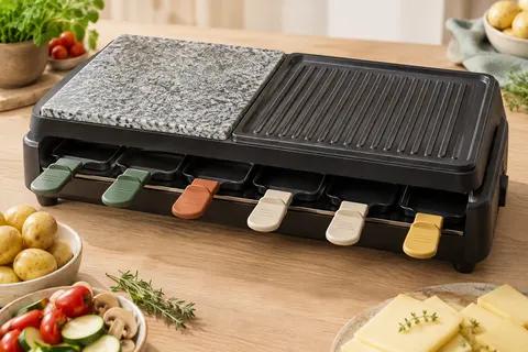 Appareil à raclette noir Severin avec pierre naturelle, plaque rainurée et huit poêlons sur une table en bois